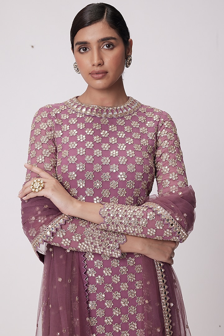 Mud Mauve Georgette Hand Embroidered Kurta Set by Vvani by Vani Vats at Pernia's Pop Up Shop