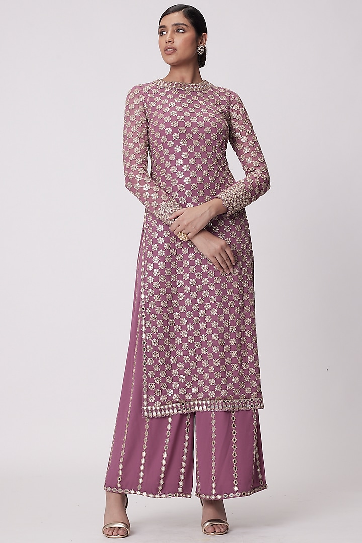 Mud Mauve Georgette Hand Embroidered Kurta Set by Vvani by Vani Vats at Pernia's Pop Up Shop