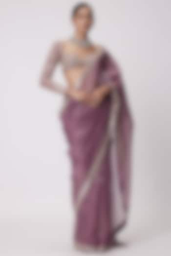 Mud Mauve Organza Hand Embroidered Saree Set by Vvani by Vani Vats at Pernia's Pop Up Shop