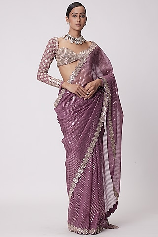 Mud Mauve Organza Hand Embroidered Saree Set by Vvani by Vani Vats