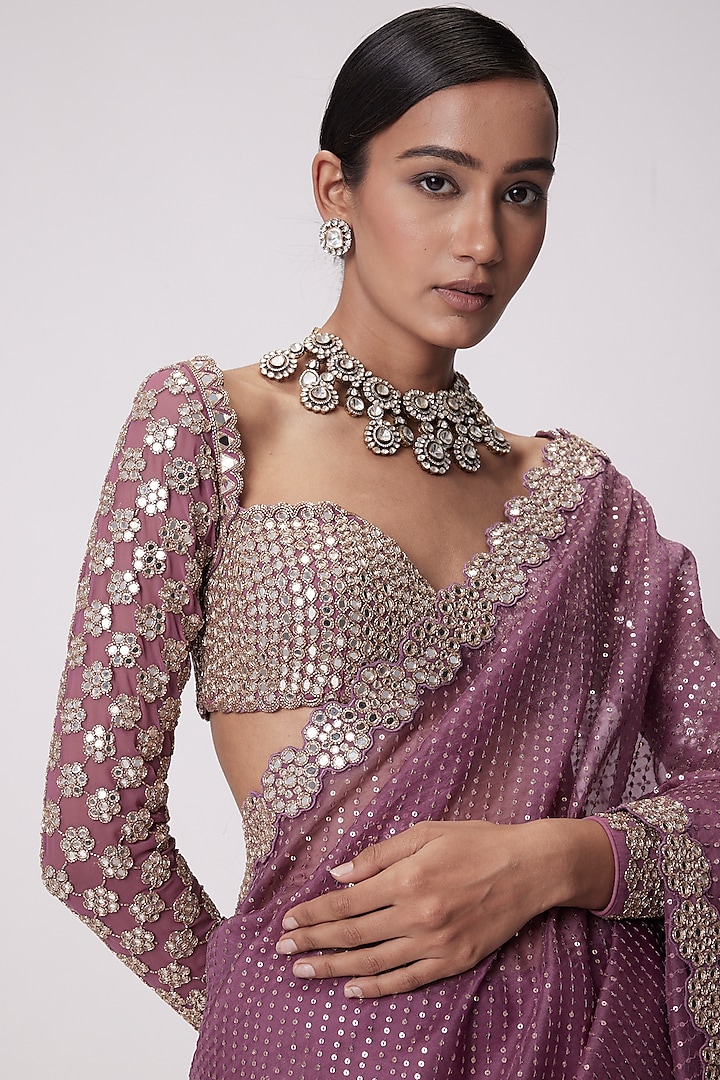 Mud Mauve Organza Hand Embroidered Reception Saree Set by Vvani by Vani Vats at Pernia's Pop Up Shop