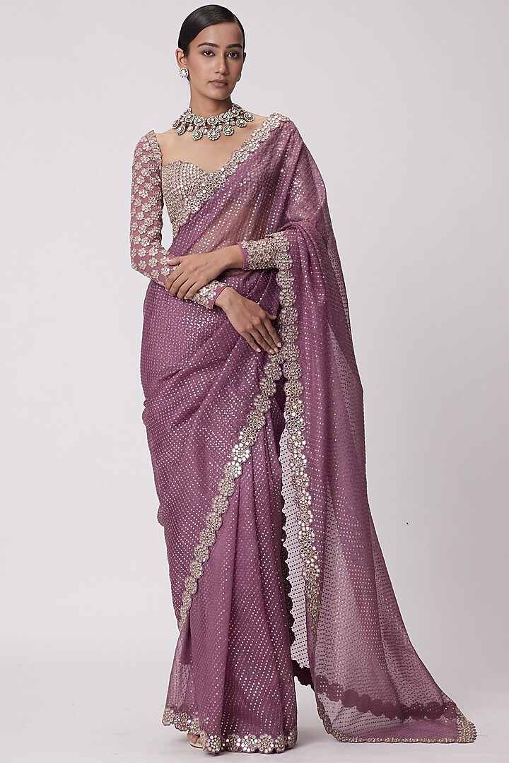 Mud Mauve Organza Hand Embroidered Reception Saree Set by Vvani by Vani Vats at Pernia's Pop Up Shop