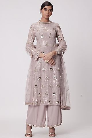 Ash Pink Georgette Hand Embroidered Kurta Set by Vvani by Vani Vats