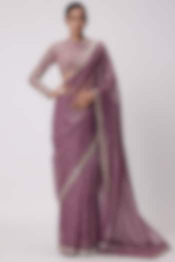 Mud Mauve Organza Hand Embroidered Reception Saree Set by Vvani by Vani Vats at Pernia's Pop Up Shop