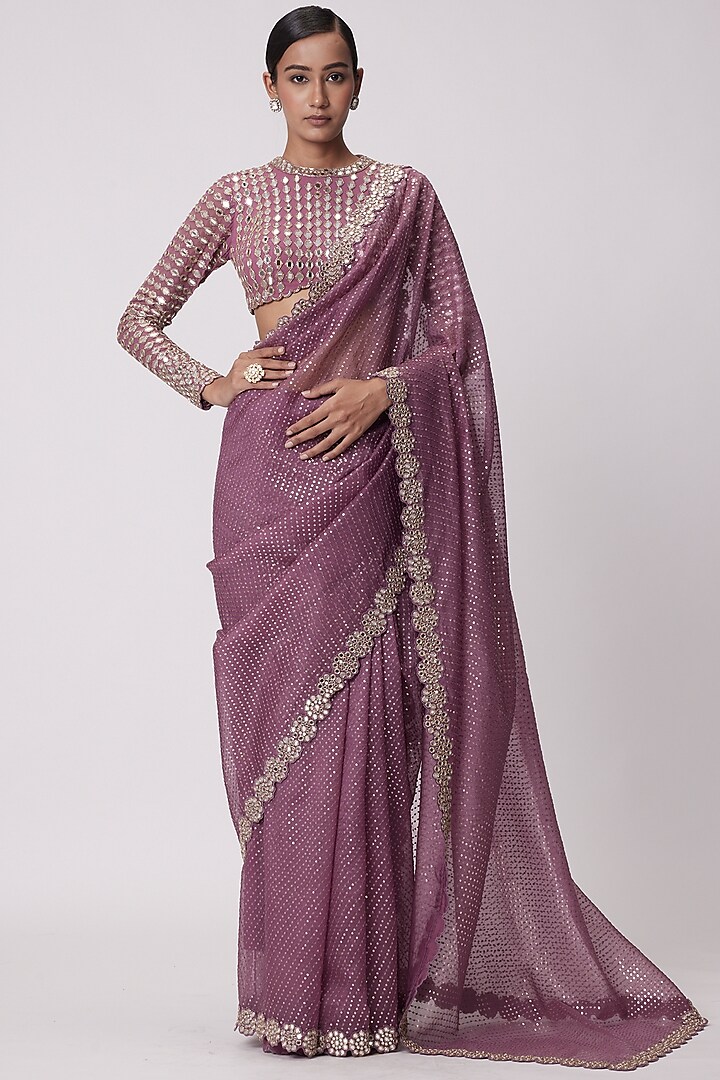 Mud Mauve Organza Hand Embroidered Reception Saree Set by Vvani by Vani Vats at Pernia's Pop Up Shop