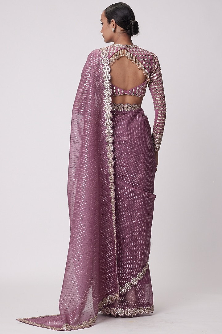 Mud Mauve Organza Hand Embroidered Reception Saree Set by Vvani by Vani Vats at Pernia's Pop Up Shop