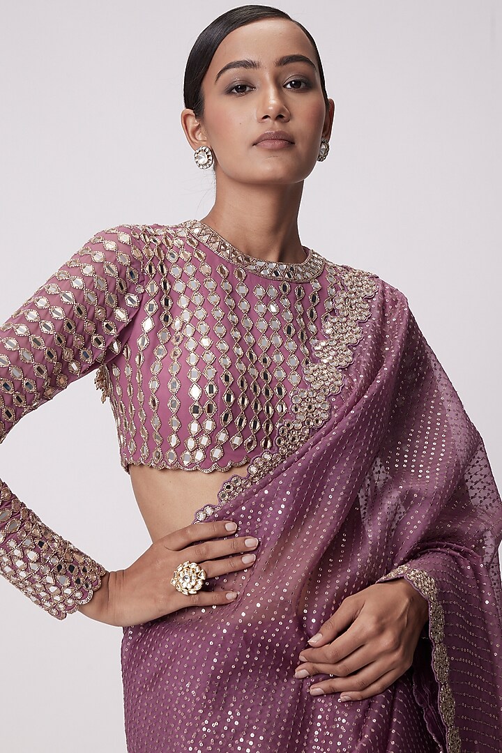 Mud Mauve Organza Hand Embroidered Reception Saree Set by Vvani by Vani Vats at Pernia's Pop Up Shop