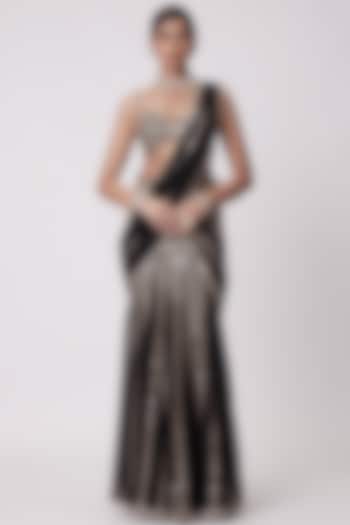 Black Georgette Hand Embroidered Pre-Draped Reception Saree Set by Vvani by Vani Vats at Pernia's Pop Up Shop