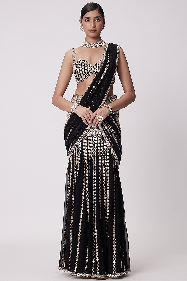 Black Georgette Hand Embroidered Pre-Draped Reception Saree Set by Vvani by Vani Vats at Pernia's Pop Up Shop