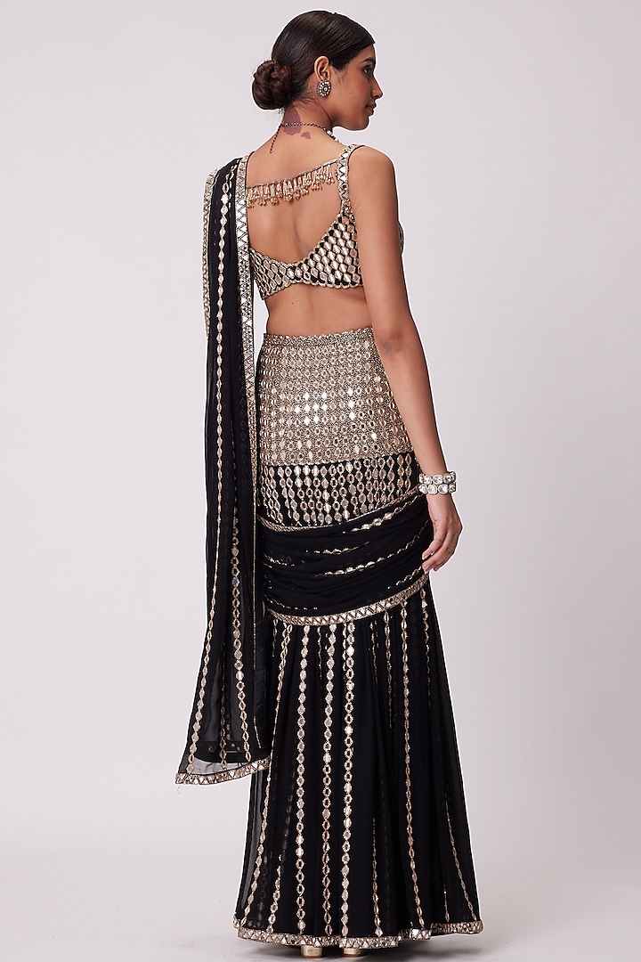 Black Georgette Hand Embroidered Pre-Draped Reception Saree Set by Vvani by Vani Vats at Pernia's Pop Up Shop