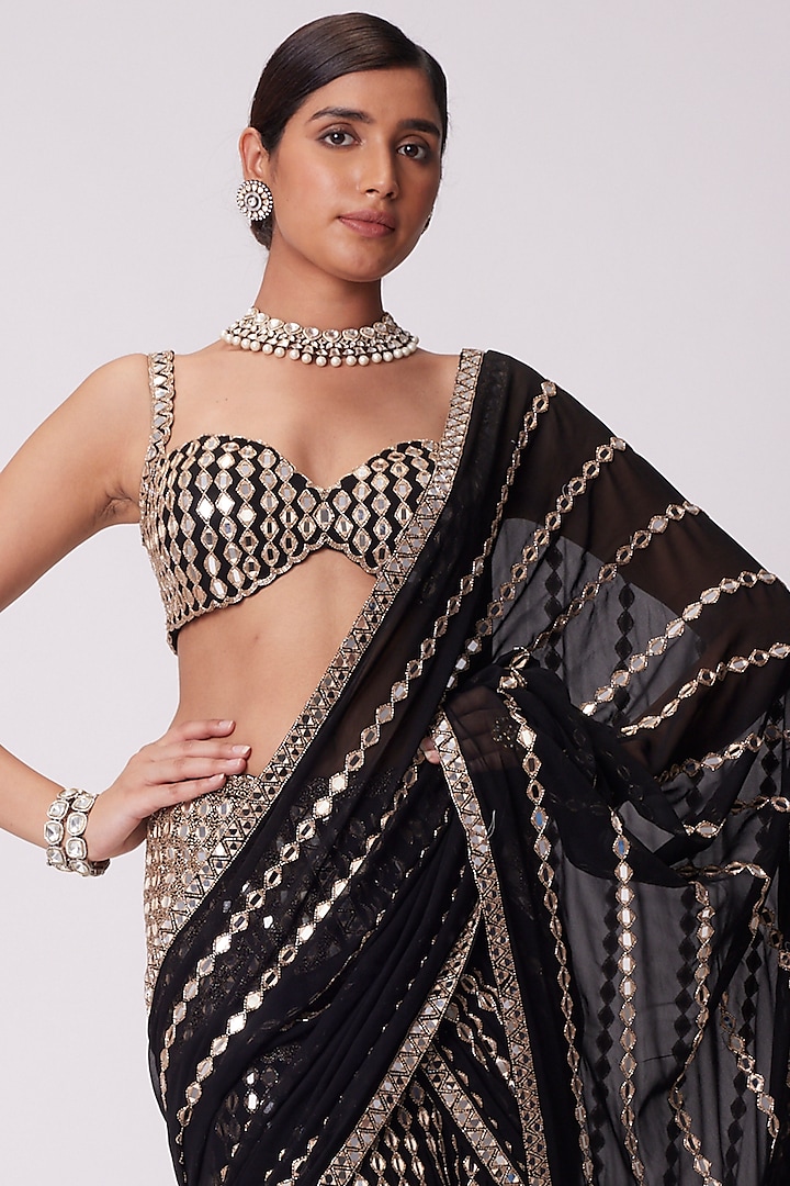 Black Georgette Hand Embroidered Pre-Draped Reception Saree Set by Vvani by Vani Vats at Pernia's Pop Up Shop