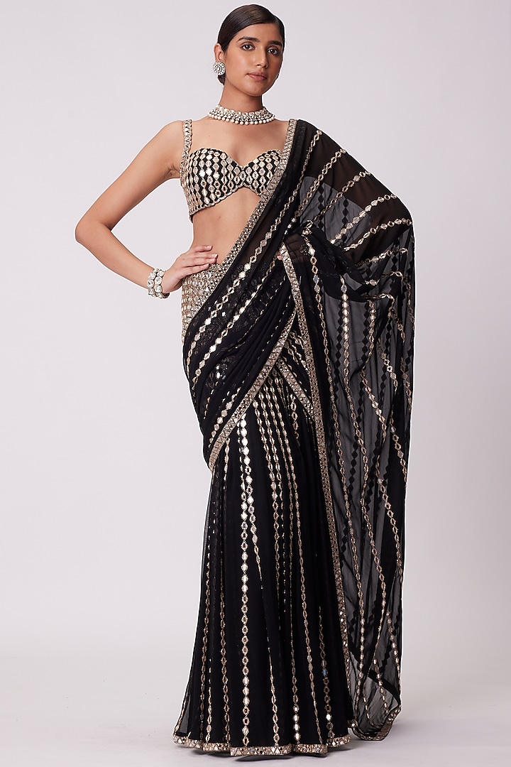 Black Georgette Hand Embroidered Pre-Draped Reception Saree Set by Vvani by Vani Vats at Pernia's Pop Up Shop