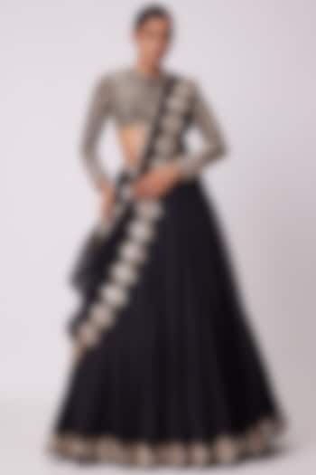 Black Organza Mirror Embroidered Wedding Lehenga Set by Vvani by Vani Vats at Pernia's Pop Up Shop