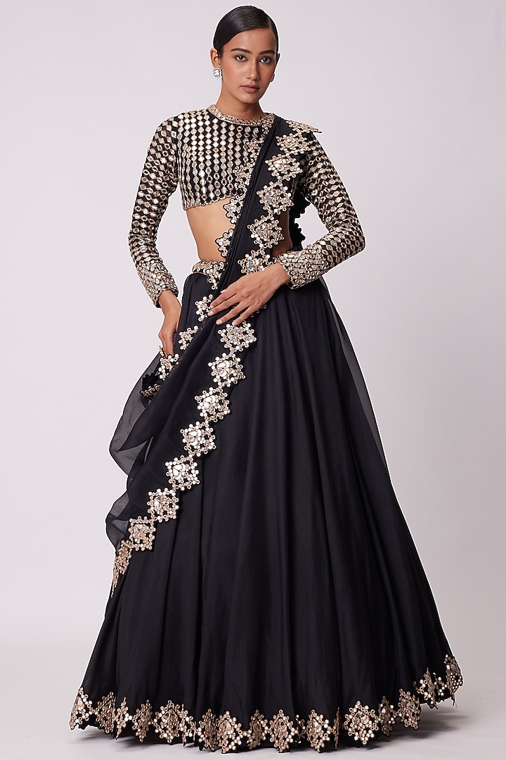 Black Organza Mirror Embroidered Wedding Lehenga Set by Vvani by Vani Vats at Pernia's Pop Up Shop