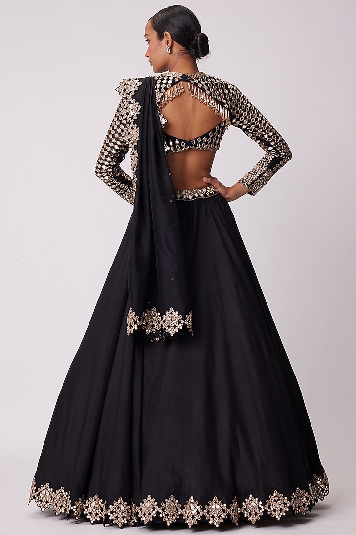Black Organza Mirror Embroidered Wedding Lehenga Set by Vvani by Vani Vats at Pernia's Pop Up Shop