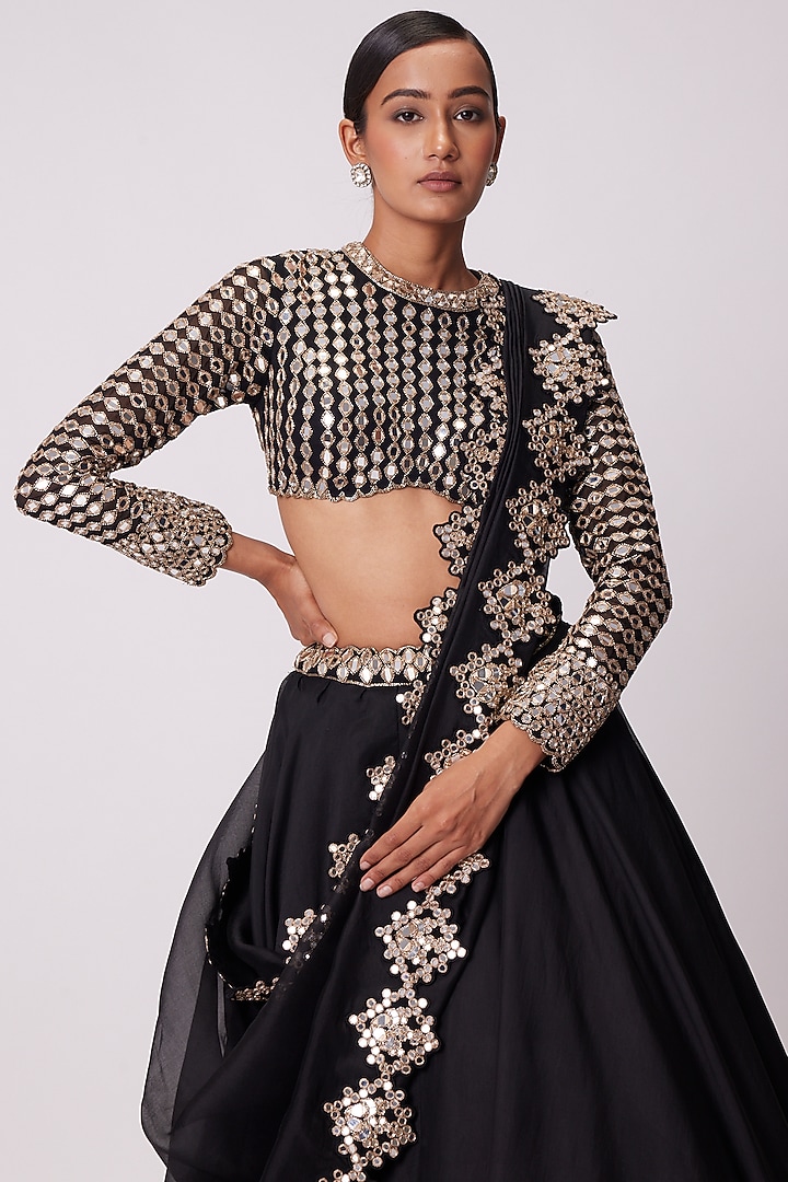 Black Organza Mirror Embroidered Wedding Lehenga Set by Vvani by Vani Vats at Pernia's Pop Up Shop
