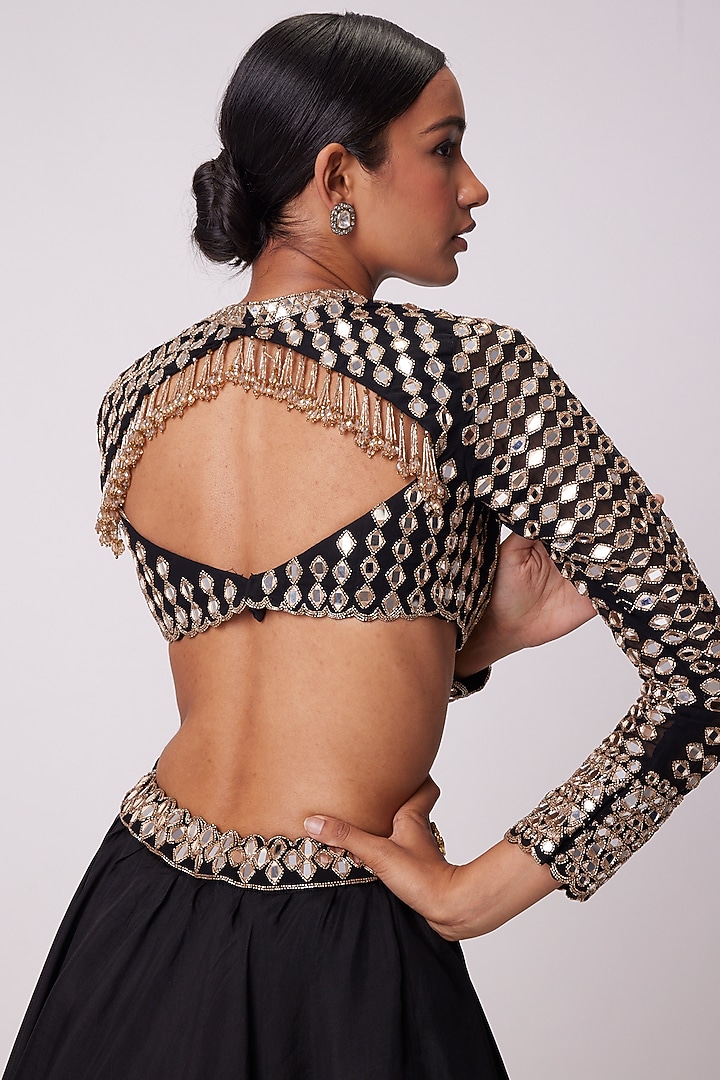 Black Organza Mirror Embroidered Wedding Lehenga Set by Vvani by Vani Vats at Pernia's Pop Up Shop