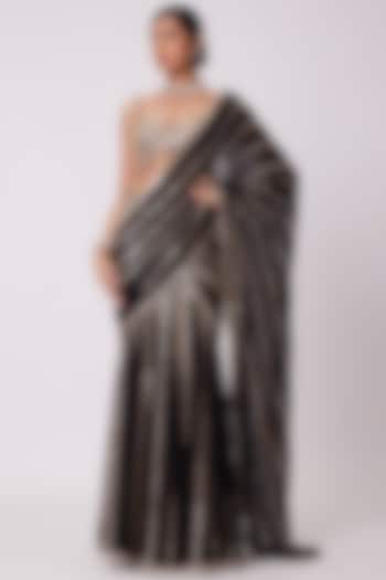 Black Georgette Hand Embroidered Pre-Draped Saree Set by Vvani by Vani Vats at Pernia's Pop Up Shop