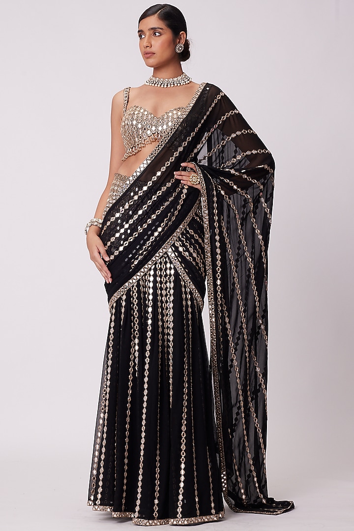 Black Georgette Hand Embroidered Pre-Draped Saree Set by Vvani by Vani Vats at Pernia's Pop Up Shop