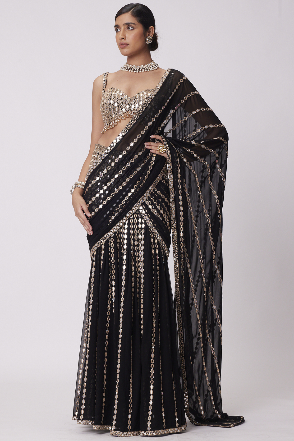 Black Georgette Hand Embroidered Pre-Draped Saree Set by Vvani by Vani Vats