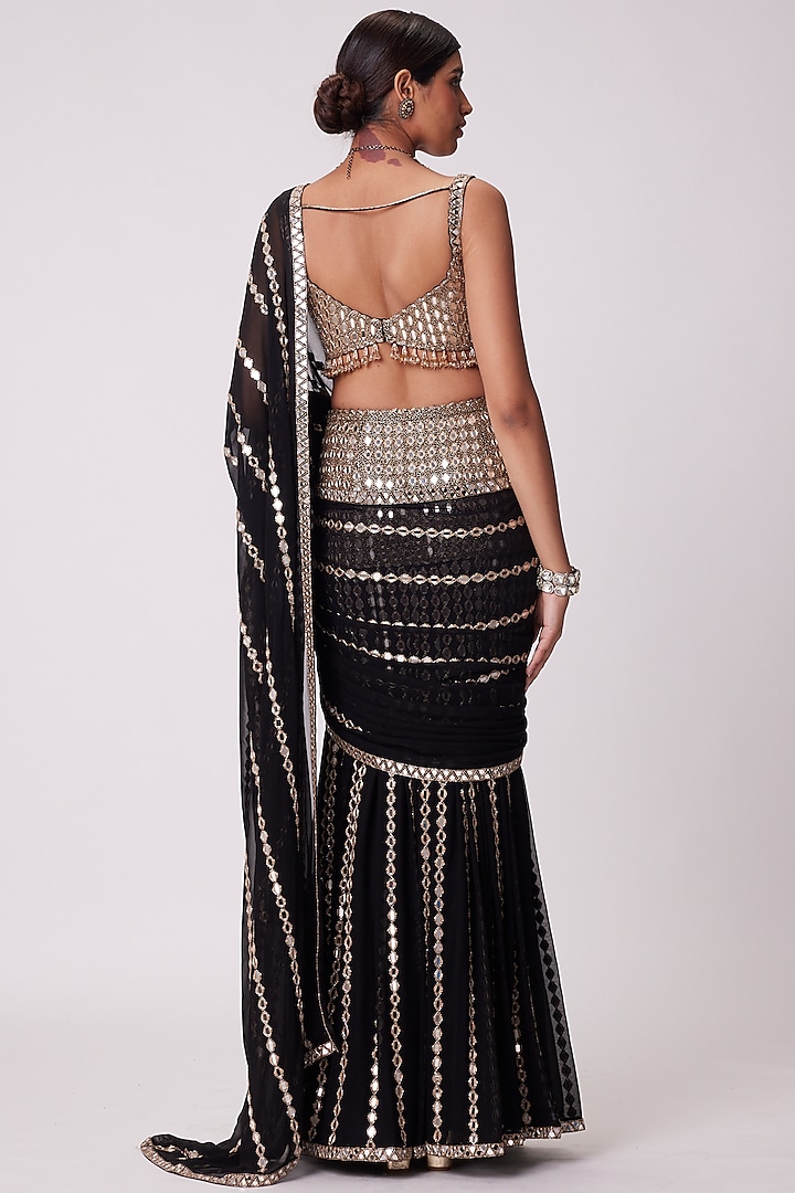 Black Georgette Hand Embroidered Pre-Draped Reception Saree Set by Vvani by Vani Vats at Pernia's Pop Up Shop