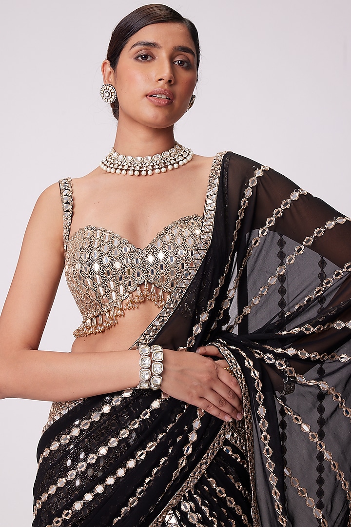 Black Georgette Hand Embroidered Pre-Draped Reception Saree Set by Vvani by Vani Vats at Pernia's Pop Up Shop