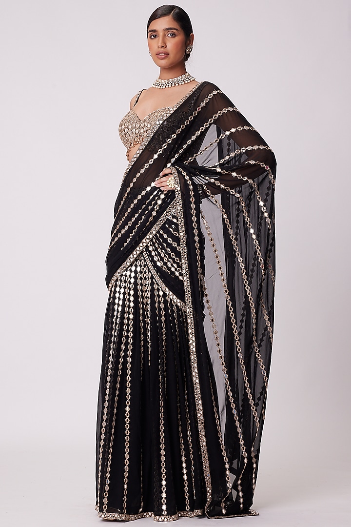 Black Georgette Hand Embroidered Pre-Draped Reception Saree Set by Vvani by Vani Vats at Pernia's Pop Up Shop