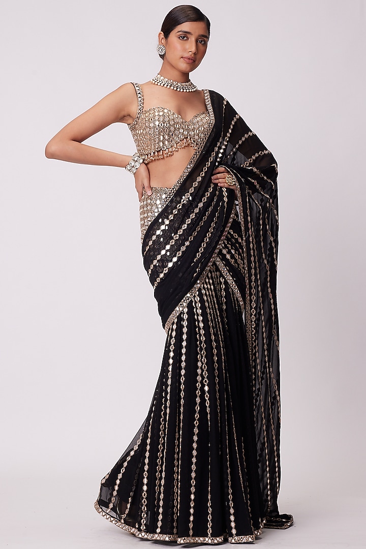 Black Georgette Hand Embroidered Pre-Draped Reception Saree Set by Vvani by Vani Vats at Pernia's Pop Up Shop