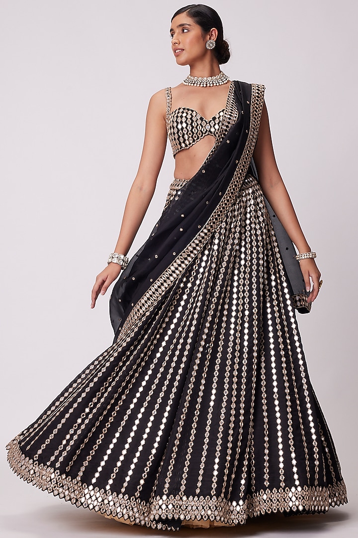Black Organza Mirror Embroidered Bridal Lehenga Set by Vvani by Vani Vats at Pernia's Pop Up Shop