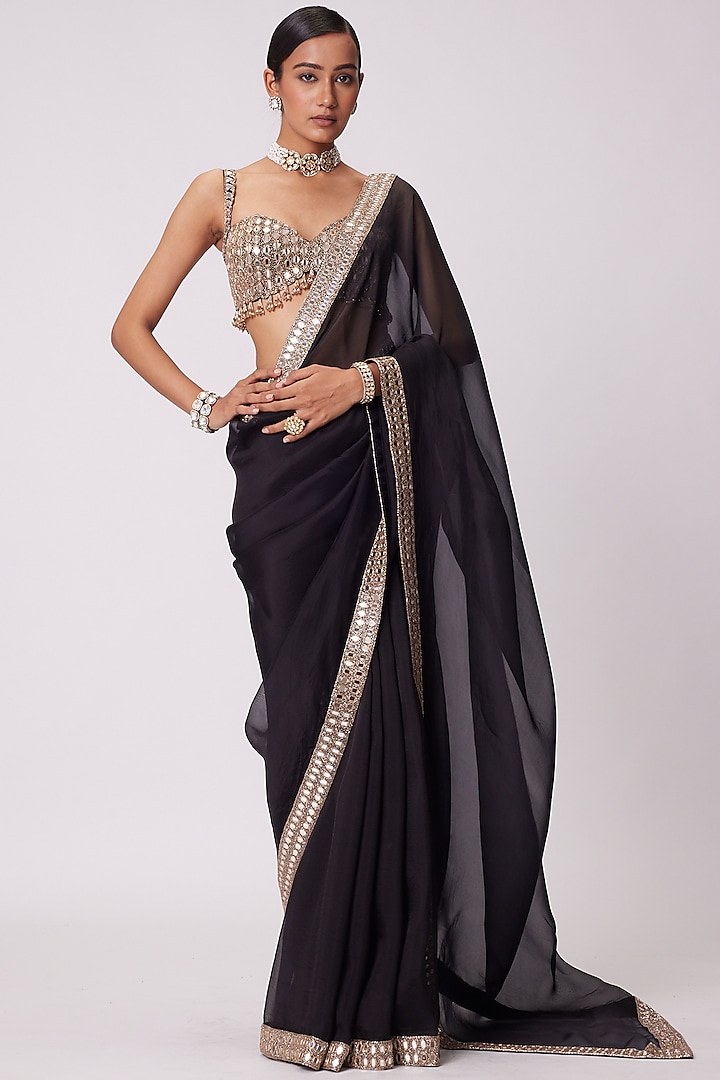 Black Organza Hand Embroidered Saree Set by Vvani by Vani Vats at Pernia's Pop Up Shop