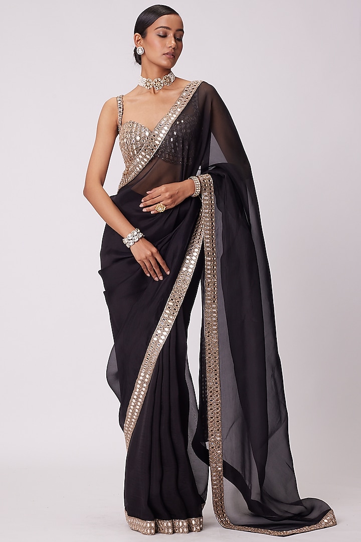 Black Organza Hand Embroidered Wedding Saree Set by Vvani by Vani Vats at Pernia's Pop Up Shop