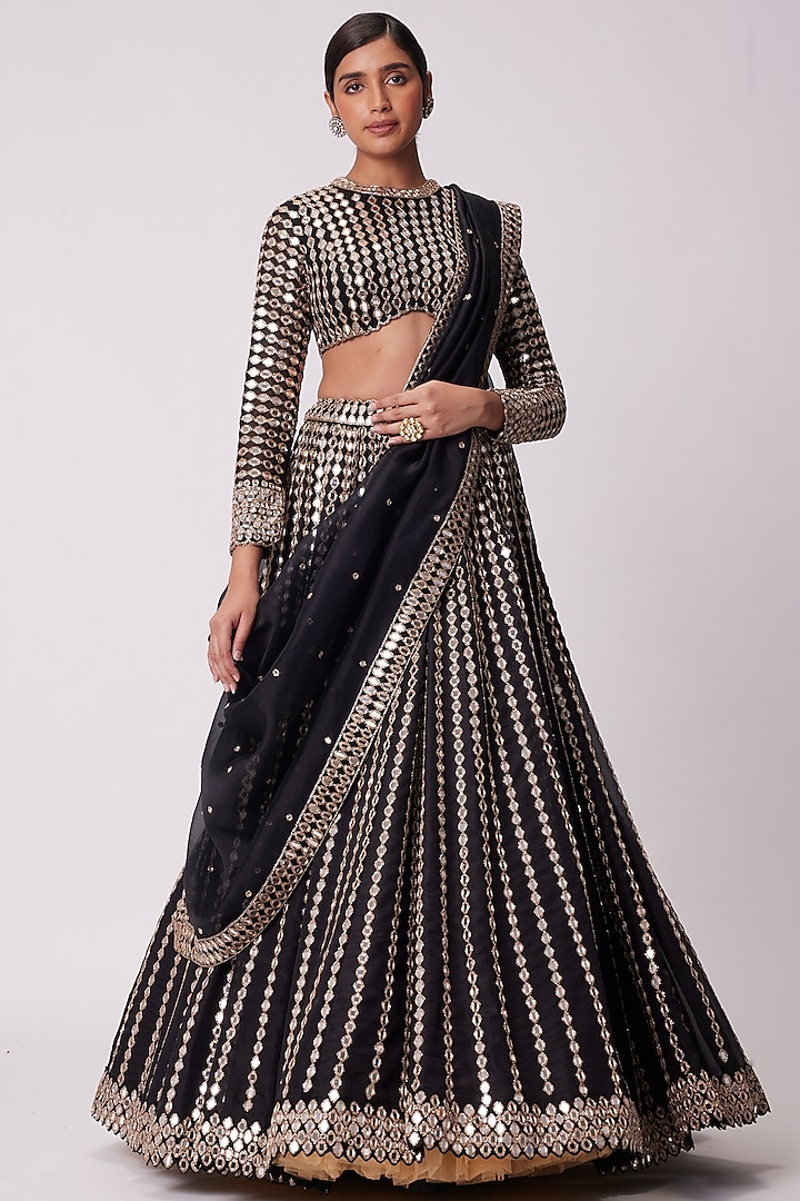 Black Organza Mirror Embroidered Bridal Lehenga Set by Vvani by Vani Vats at Pernia's Pop Up Shop