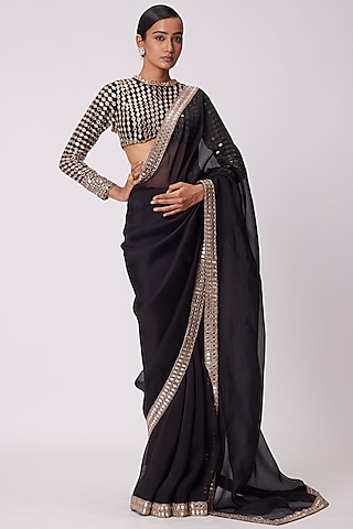 Black Organza Hand Embroidered Saree Set by Vvani by Vani Vats