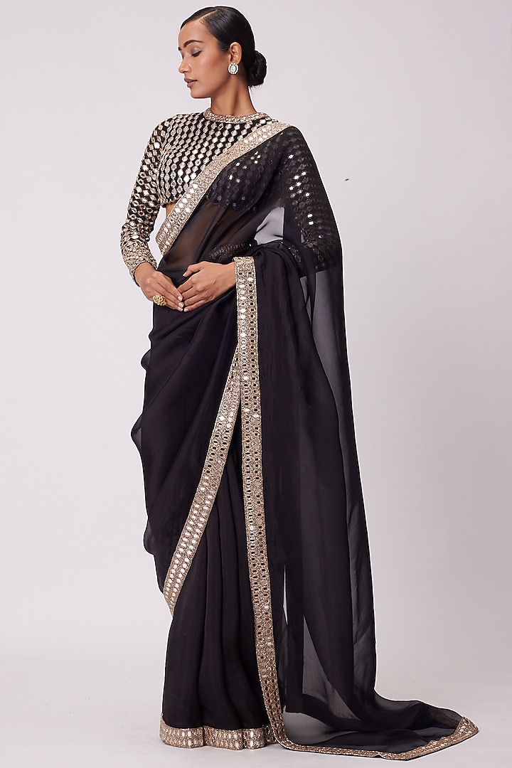 Black Organza Hand Embroidered Wedding Saree Set by Vvani by Vani Vats at Pernia's Pop Up Shop
