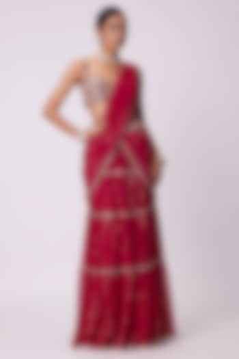Crimson Red Georgette Hand Cut Mirror Embroidered Tiered Wedding Saree Set by Vvani By Vani Vats at Pernia's Pop Up Shop