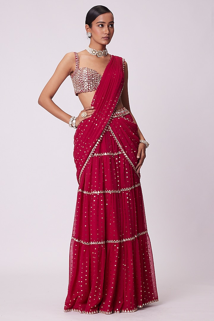 Crimson Red Georgette Hand Cut Mirror Embroidered Tiered Wedding Saree Set by Vvani By Vani Vats at Pernia's Pop Up Shop