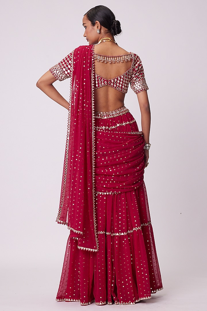 Crimson Red Georgette Hand Cut Mirror Embroidered Tiered Wedding Saree Set by Vvani By Vani Vats at Pernia's Pop Up Shop