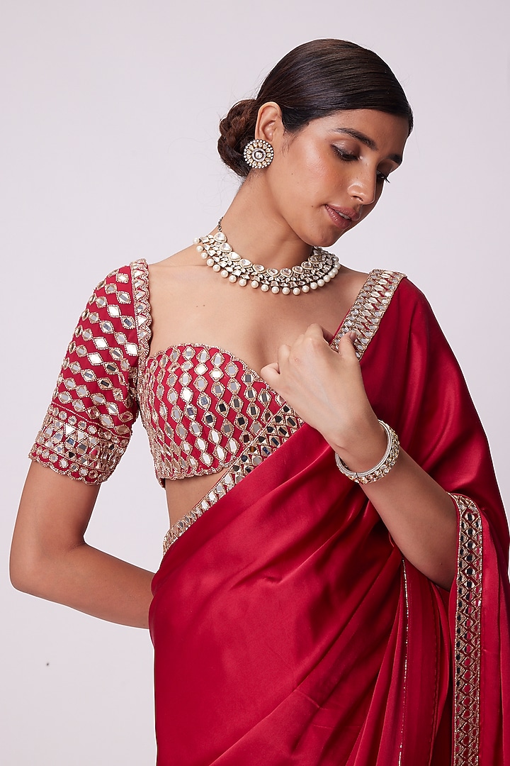 Crimson Red Satin Mirror Embroidered Wedding Saree Set by Vvani By Vani Vats at Pernia's Pop Up Shop
