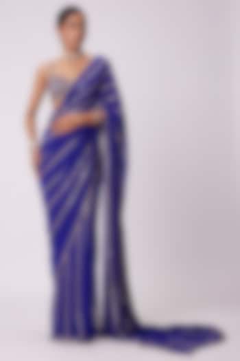 Persian Blue Georgette Mirror Hand Embroidered Reception Saree Set by Vvani By Vani Vats at Pernia's Pop Up Shop