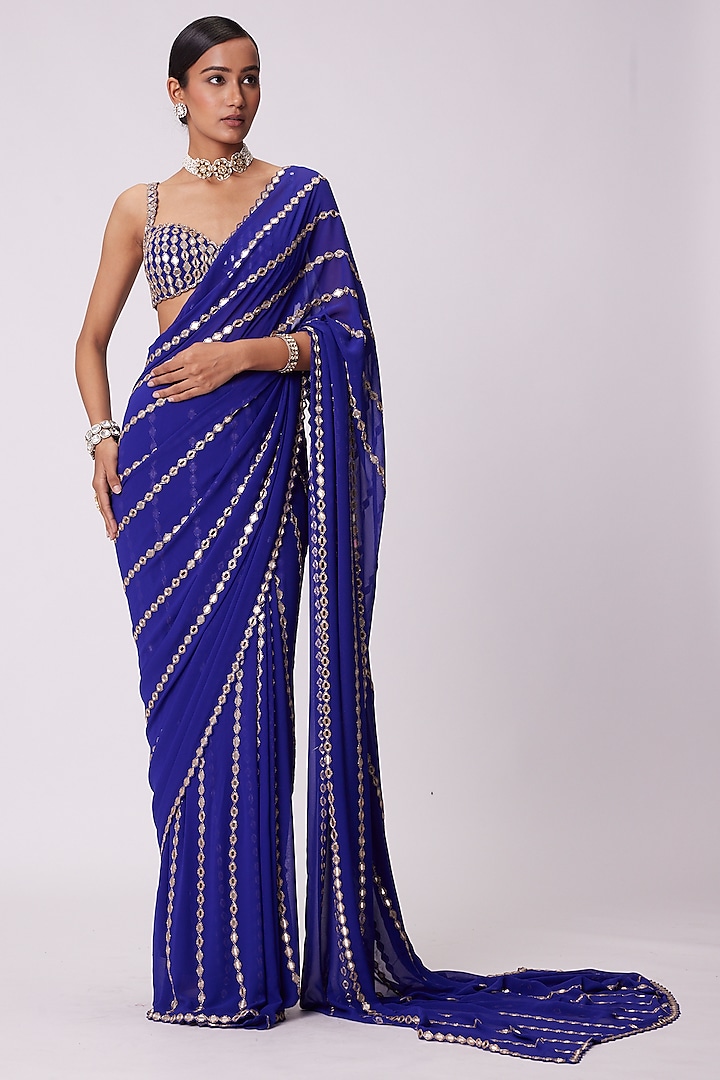 Persian Blue Georgette Mirror Hand Embroidered Reception Saree Set by Vvani By Vani Vats at Pernia's Pop Up Shop
