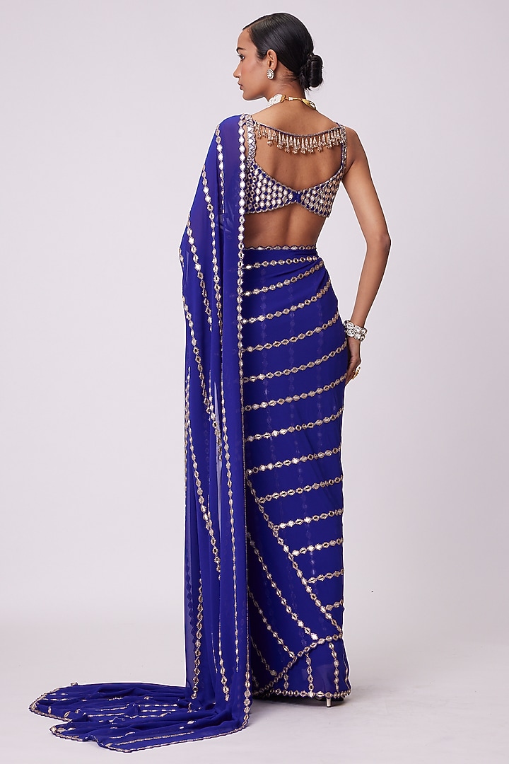 Persian Blue Georgette Mirror Hand Embroidered Reception Saree Set by Vvani By Vani Vats at Pernia's Pop Up Shop