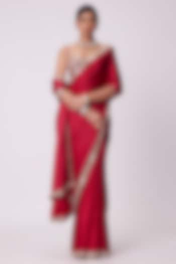 Crimson Red Satin Mirror Embroidered Wedding Saree Set by Vvani By Vani Vats at Pernia's Pop Up Shop