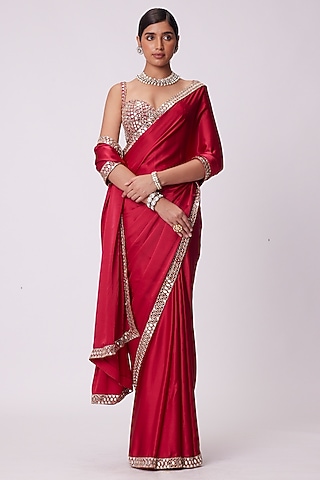 Crimson Red Satin Mirror Embroidered Saree Set by Vvani By Vani Vats