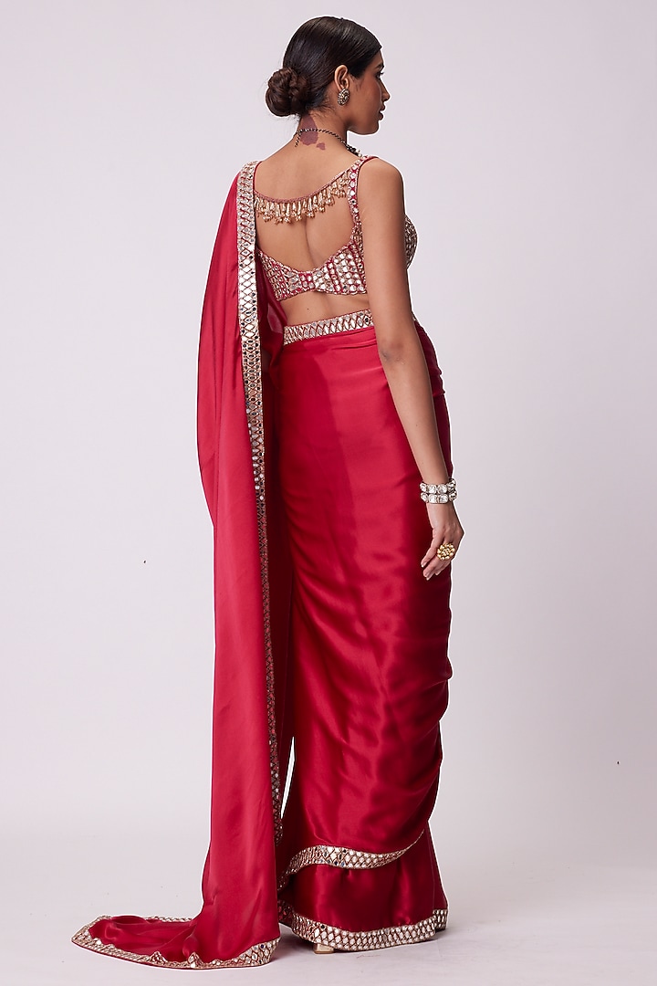 Crimson Red Satin Mirror Embroidered Wedding Saree Set by Vvani By Vani Vats at Pernia's Pop Up Shop