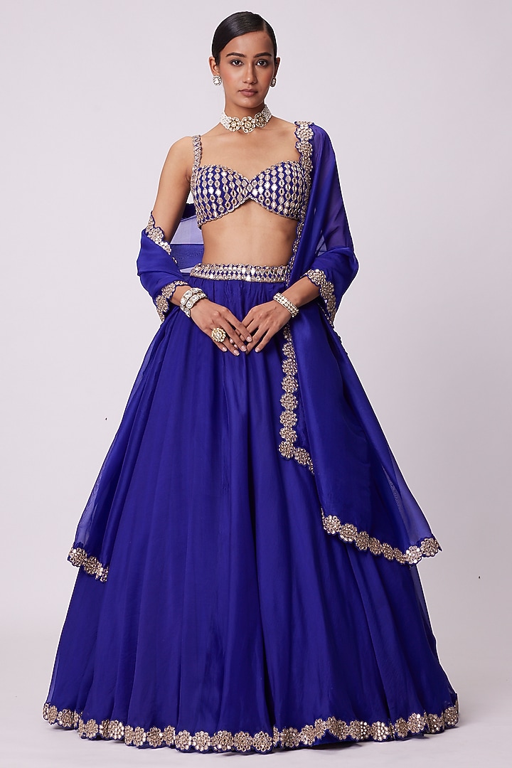Persian Blue Organza Hand Embroidered Wedding Lehenga Set by Vvani By Vani Vats at Pernia's Pop Up Shop