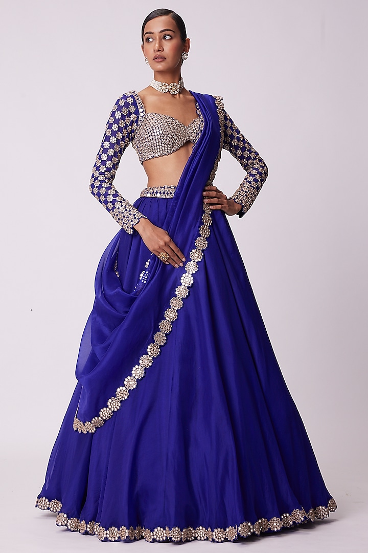 Persian Blue Organza Hand Embroidered Wedding Lehenga Set by Vvani By Vani Vats at Pernia's Pop Up Shop