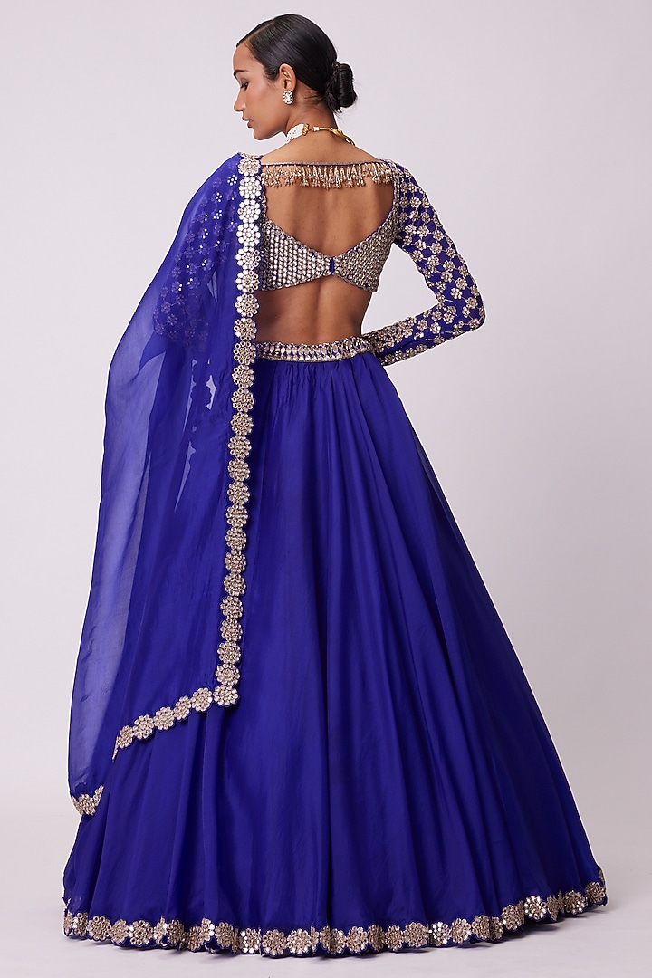 Persian Blue Organza Hand Embroidered Wedding Lehenga Set by Vvani By Vani Vats at Pernia's Pop Up Shop