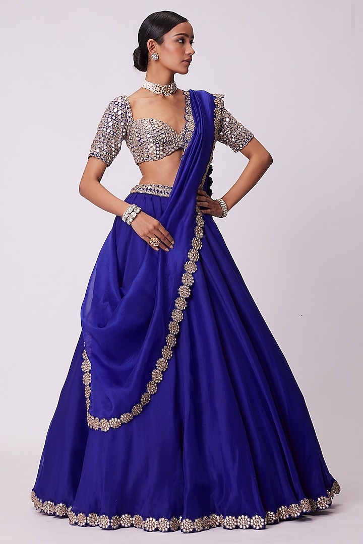 Persian Blue Organza Hand Embroidered  dulhan bday 22 may Lehenga Set by Vvani By Vani Vats at Pernia's Pop Up Shop