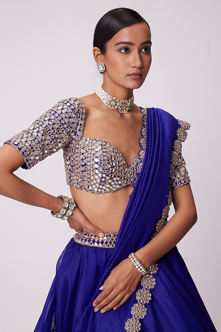 Persian Blue Organza Hand Embroidered Wedding Lehenga Set by Vvani By Vani Vats at Pernia's Pop Up Shop