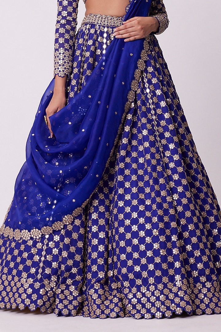 Persian Blue Organza Mirror Hand Embroidered Bridal Lehenga Set by Vvani By Vani Vats at Pernia's Pop Up Shop